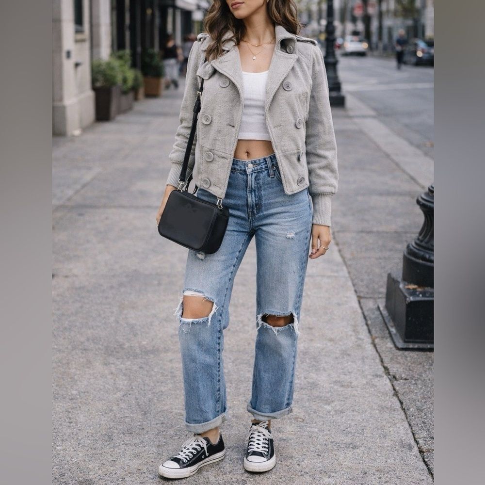 Armani Exchange Gray Beige Wool Blend Double Breasted Collar Bomber Jacket Sz S